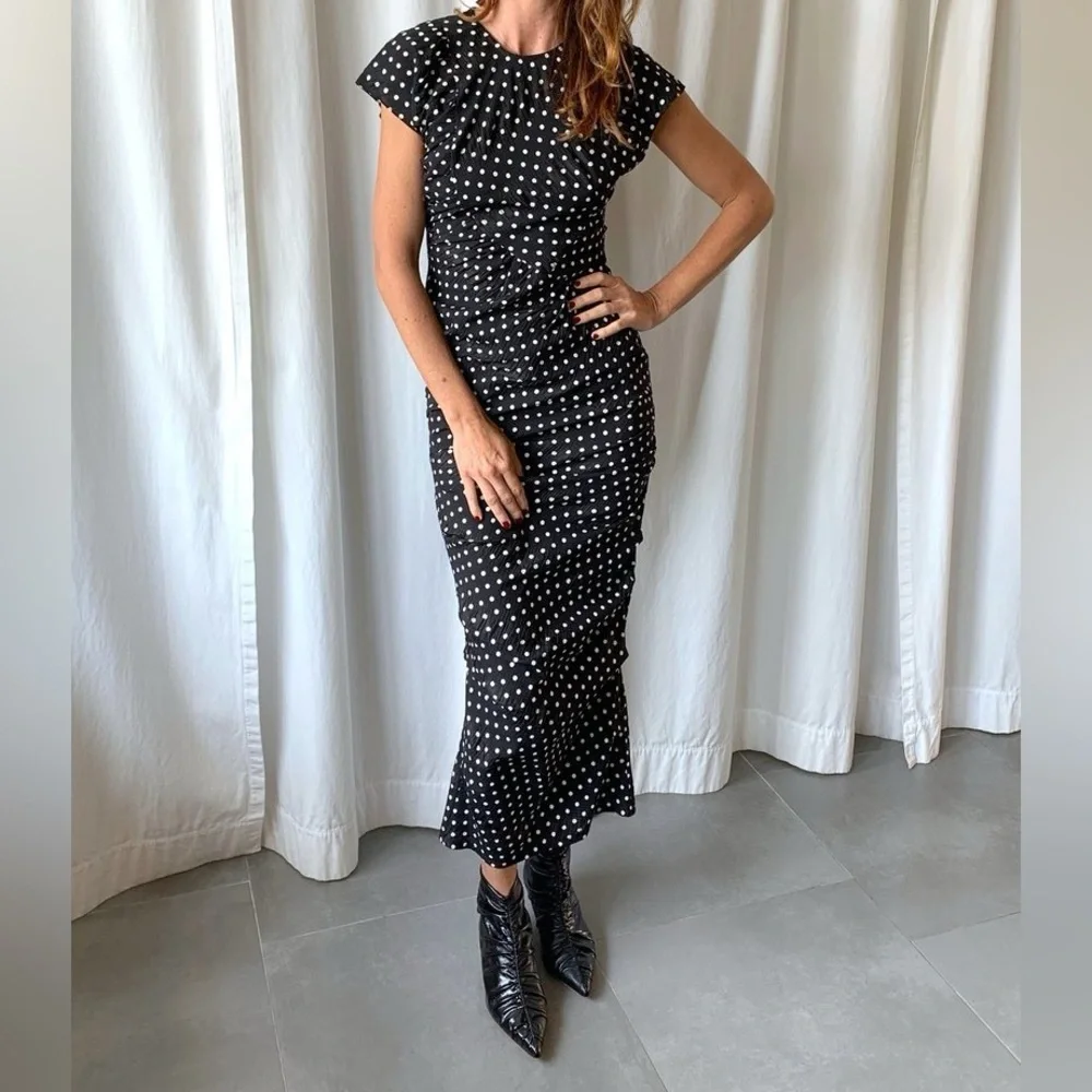 Rachel Comey New Delirium Silk Polka Dot Ruched Midi Short Sleeve Dress Black - Picture 2 of 14